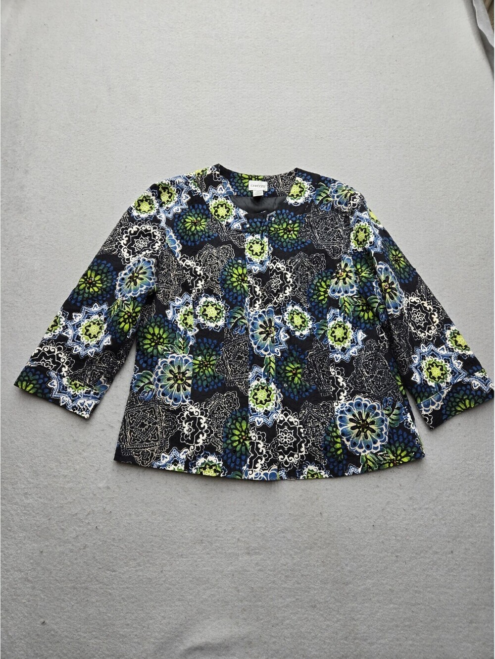 Chico's Women's Jacket Size 2 Black/Multi Floral Collarless Button Pattern